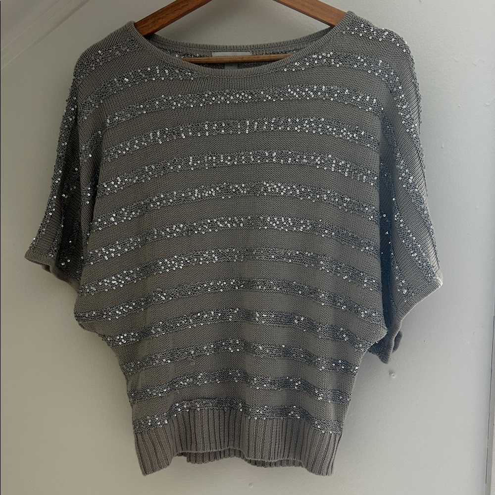 New York & Company Gray Sequin Striped Sweatshirt